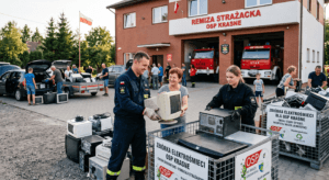 Elektrośmieci zebrane na placu przed remizą OSP podczas zbiórki zużytego sprzętu