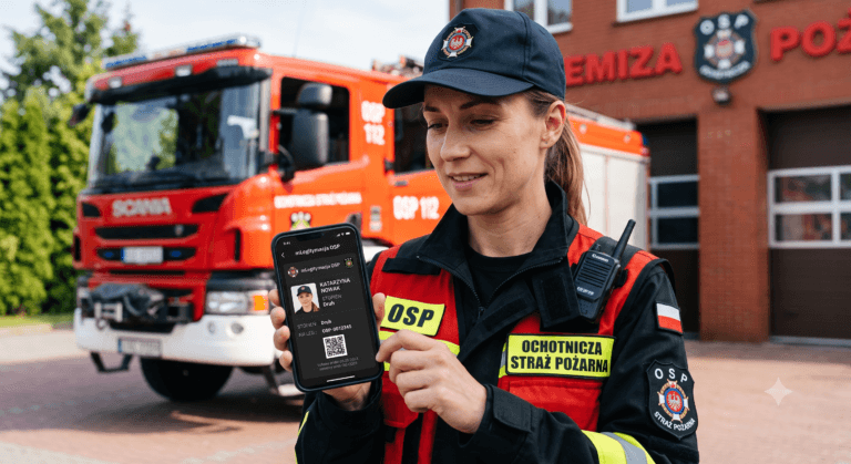 Telefon z aplikacją mObywatel prezentujący cyfrową mLegitymację OSP