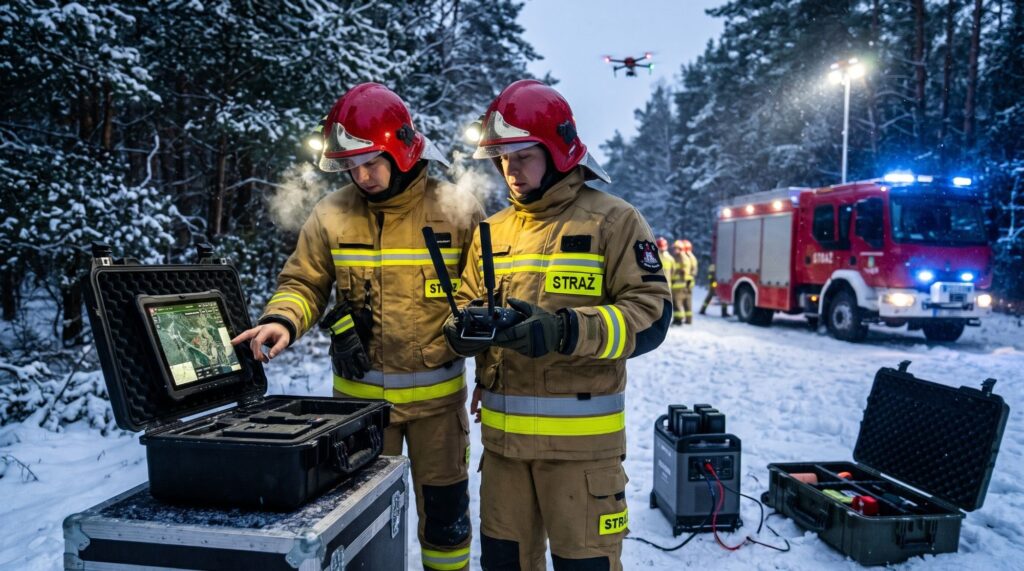 Ilustracja wygenerowana przez AI: dwóch strażaków w zimowym lesie, jeden steruje dronem, drugi wskazuje mapę na tablecie; obok stacja zasilania i wóz strażacki