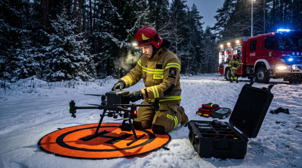 Ilustracja wygenerowana przez AI: zimowa logistyka poszukiwań z dronem, strażak w hełmie klęczy na śniegu i przygotowuje drona na platformie startowej, obok otwarta walizka z bateriami i wóz strażacki