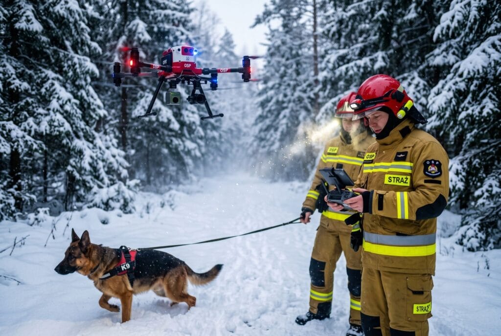 Ilustracja wygenerowana przez AI: termowizja z drona w poszukiwaniach, dwóch strażaków OSP w zaśnieżonym lesie, jeden steruje dronem z kamerą termowizyjną, obok pies ratowniczy K9