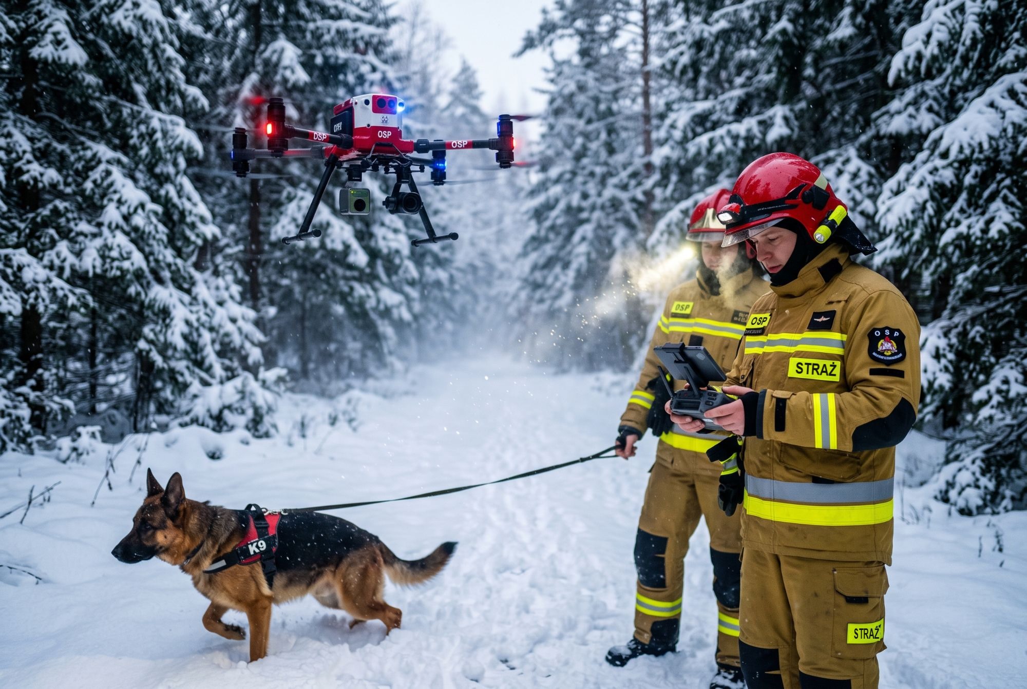 Ilustracja wygenerowana przez AI: dwóch strażaków OSP w zaśnieżonym lesie, jeden steruje dronem z kamerą termowizyjną, obok pies ratowniczy K9