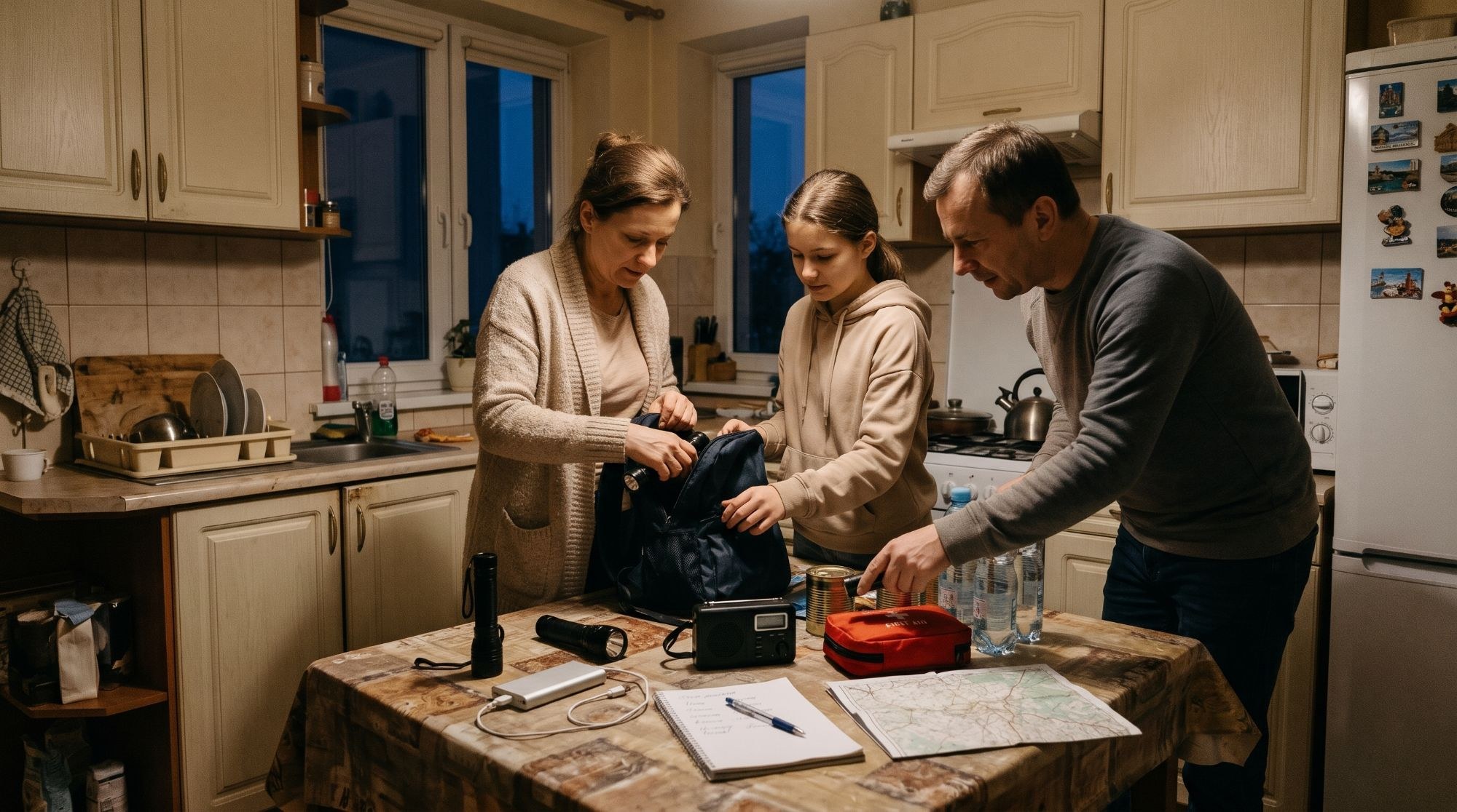 Rodzina pakuje plecak awaryjny przy kuchennym stole: latarki, radio, woda, apteczka i mapa