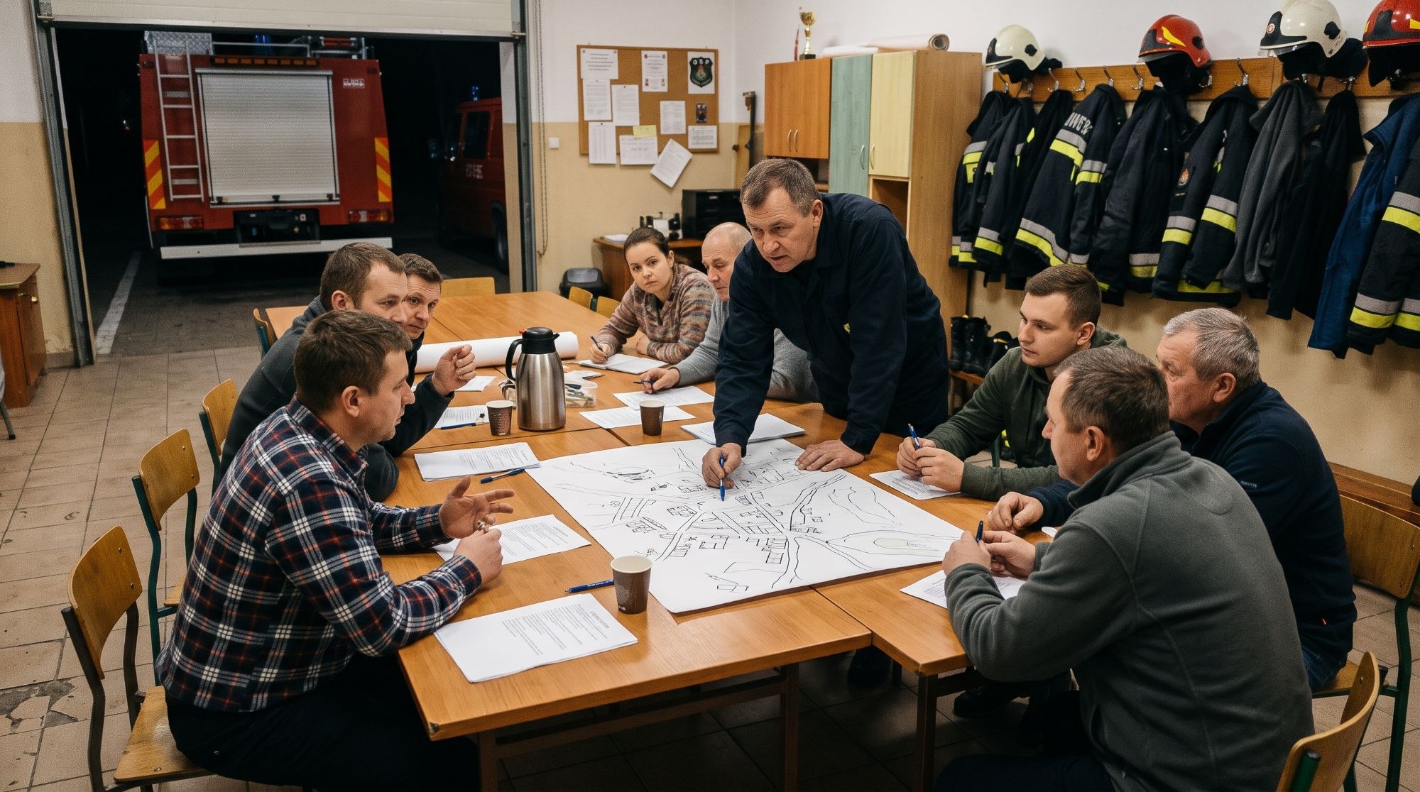 Strażacy i mieszkańcy przy wspólnym stole w remizie OSP, ćwiczenie scenariusza z mapą miejscowości