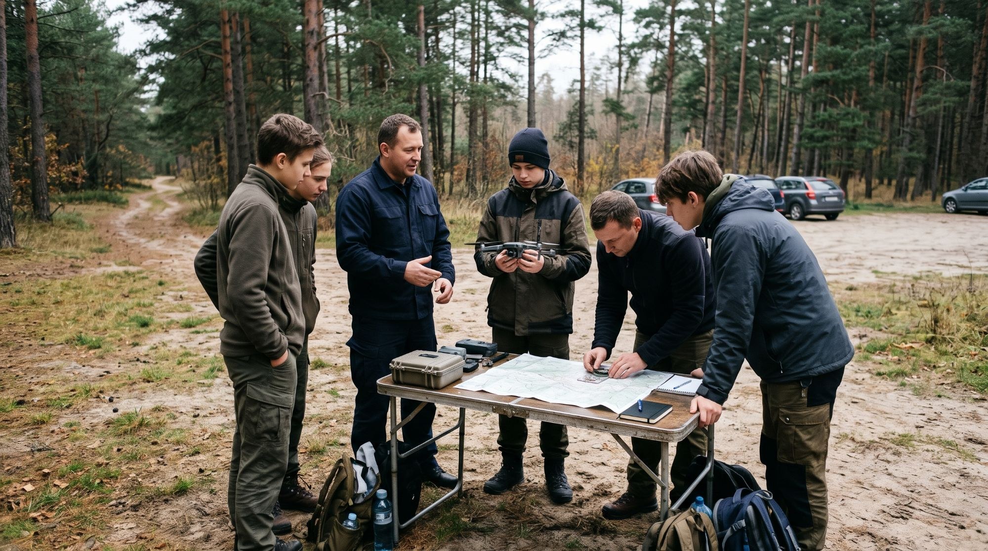Instruktor i uczestnicy szkolenia terenowego w lesie: dron, mapa i kompas na składanym stole