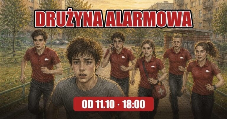 Drużyna Alarmowa, komiks o Młodzieżowej Drużynie Pożarniczej: Tymek biegnie alejką osiedla, za nim drużyna MDP. Od 11.10, godz. 18:00