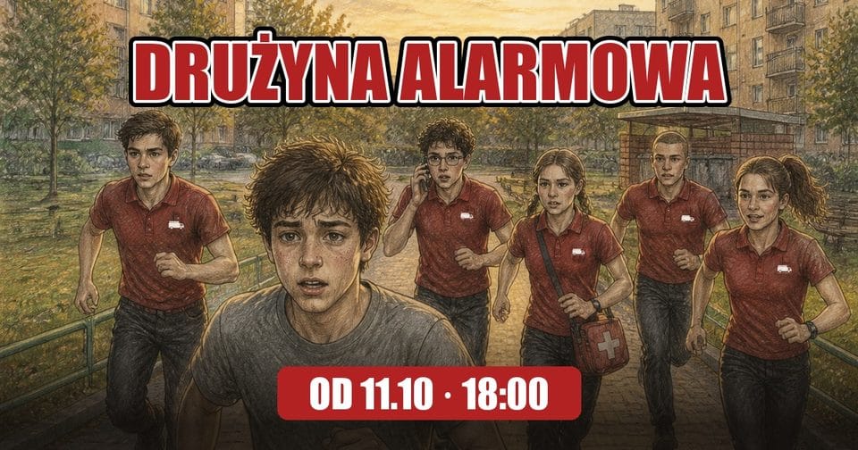 Drużyna Alarmowa, komiks o Młodzieżowej Drużynie Pożarniczej: Tymek biegnie alejką osiedla, za nim drużyna MDP. Od 11.10, godz. 18:00